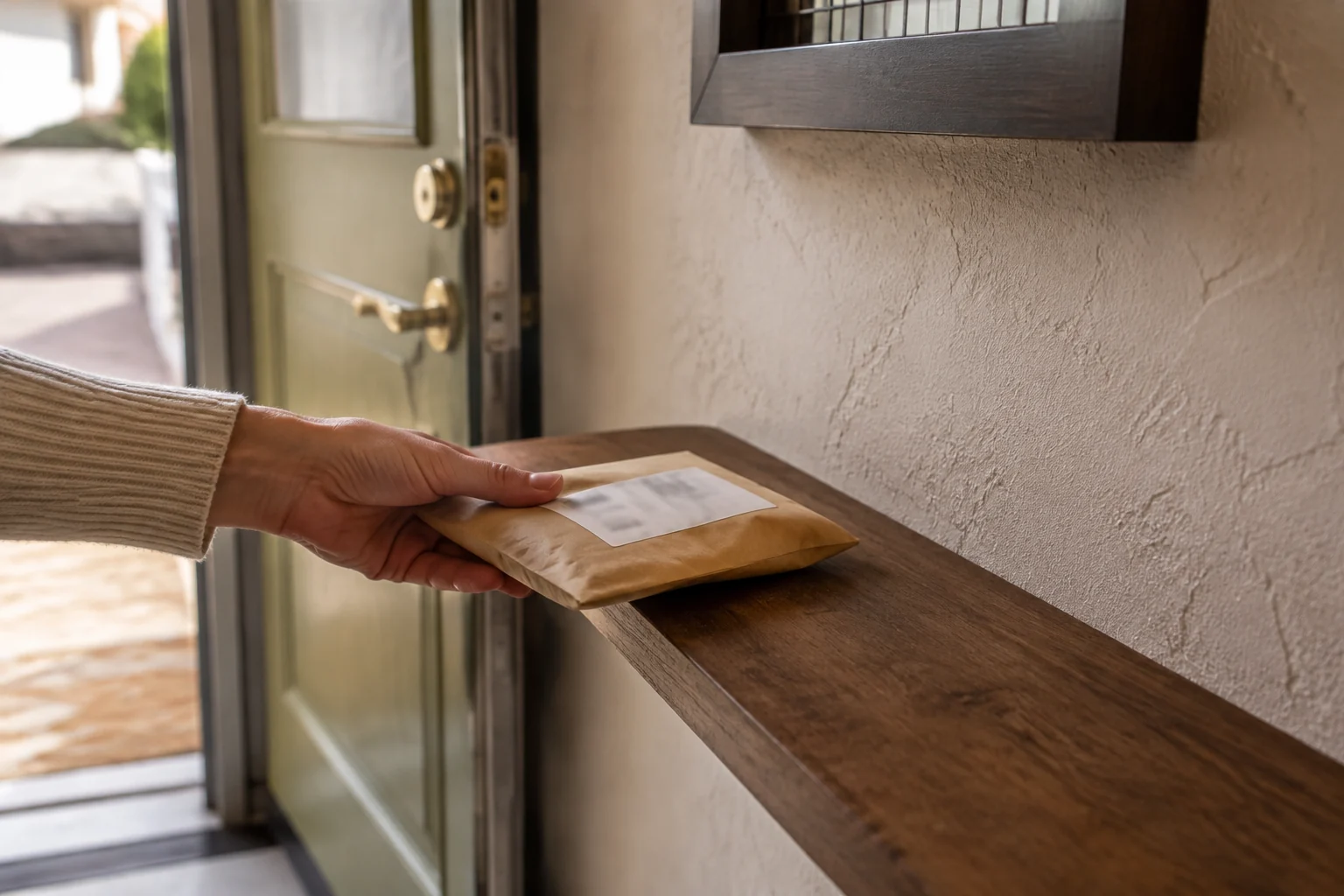 A hand placing a small sealed mailing envelope on an indoor shelf beside an open front door