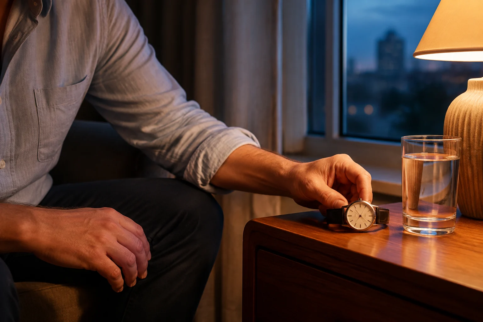 A man sets a wristwatch beside a glass of water in warm evening light.