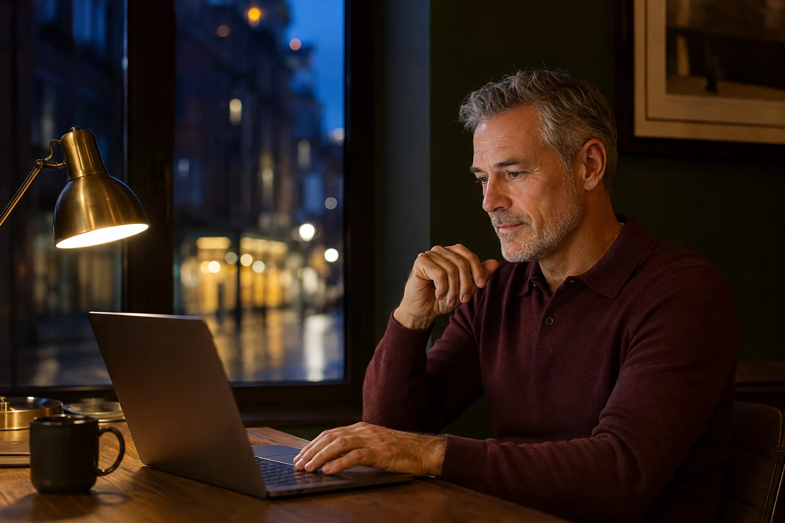Man comparing online shopping options on a laptop at home in the evening