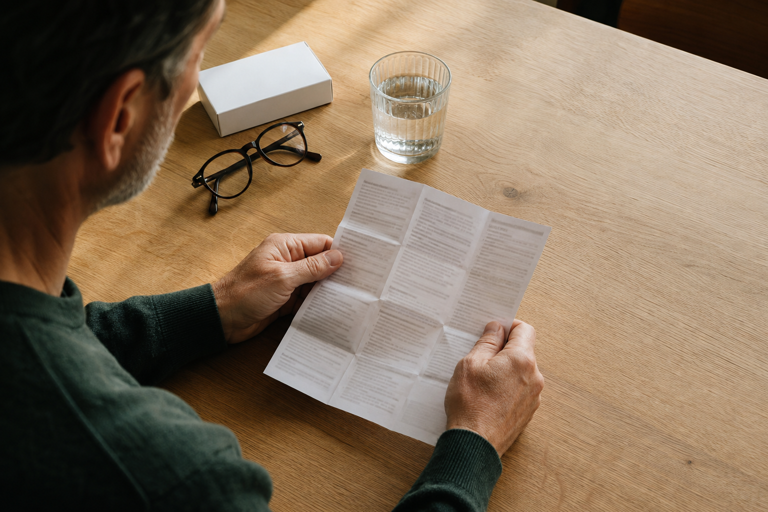 An adult reading a medicine information leaflet at a wooden table