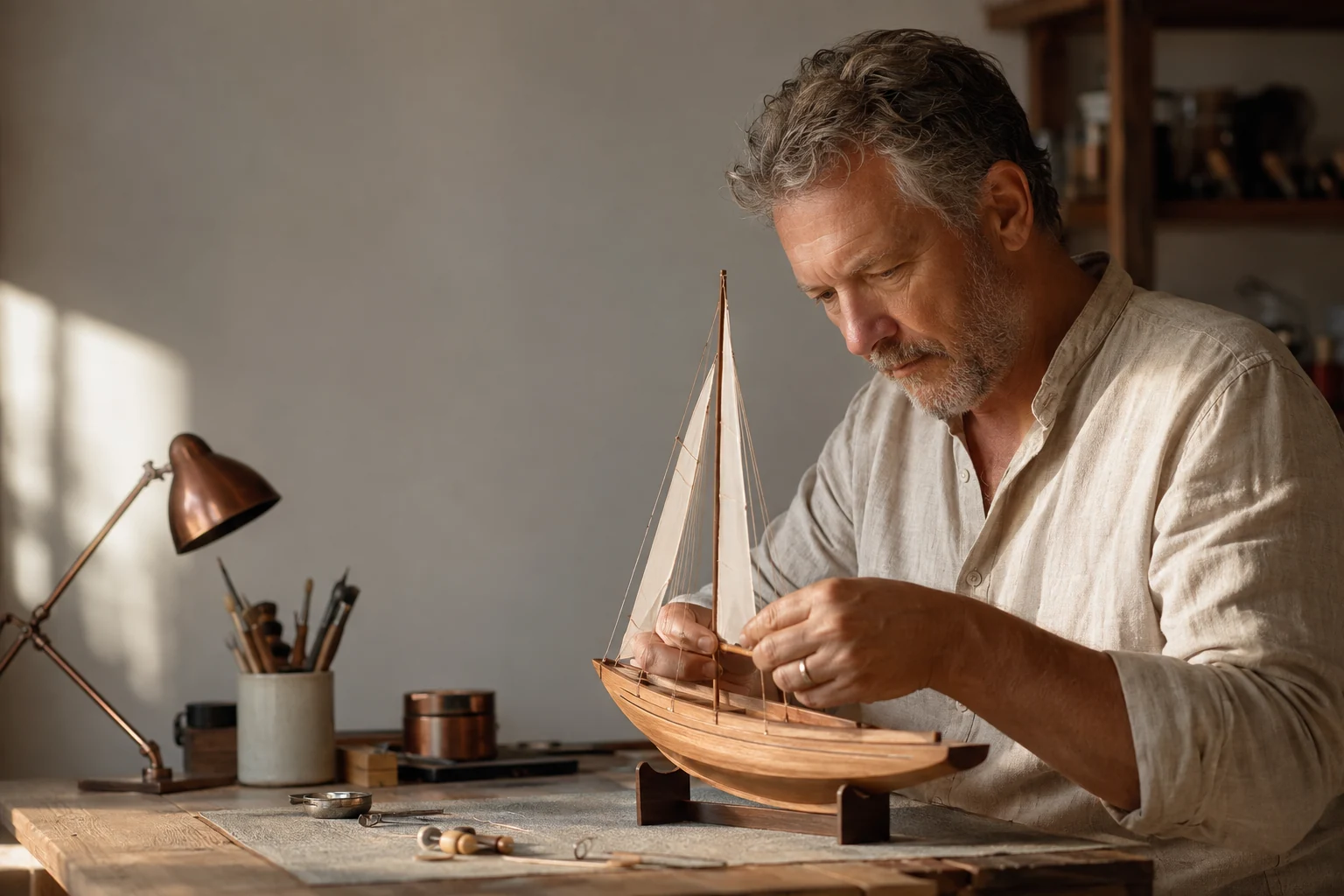 A mature man works quietly on a wooden model sailboat in a sunlit home workshop.