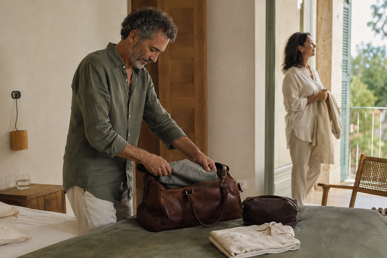 A man packing an overnight bag while his partner waits beside an open balcony door