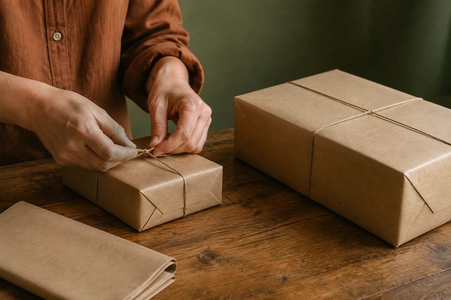 Hands preparing a compact kraft parcel beside a larger parcel on an oak packing table
