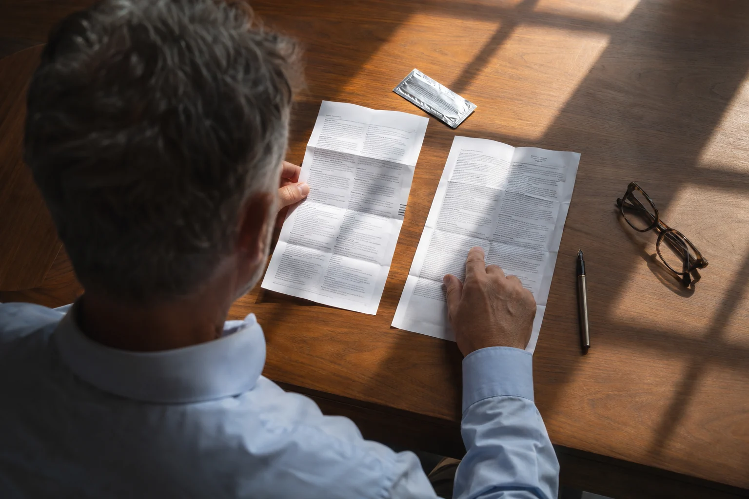 A man comparing two medicine information leaflets at a wooden desk
