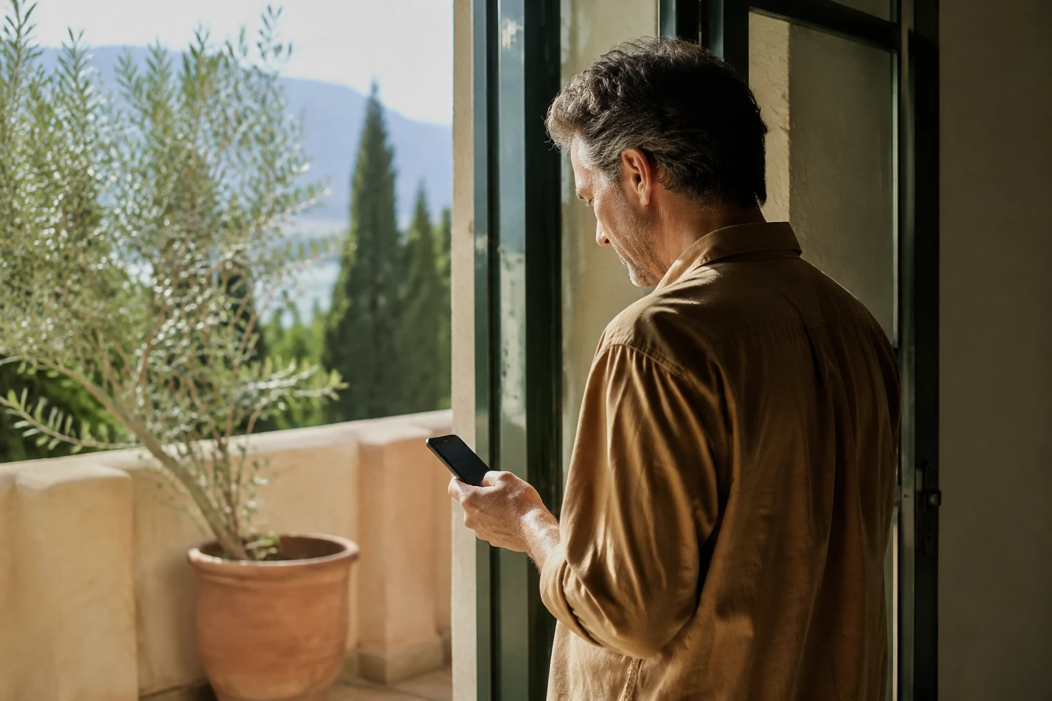 An adult man reading a smartphone beside a sunlit balcony door and an olive plant