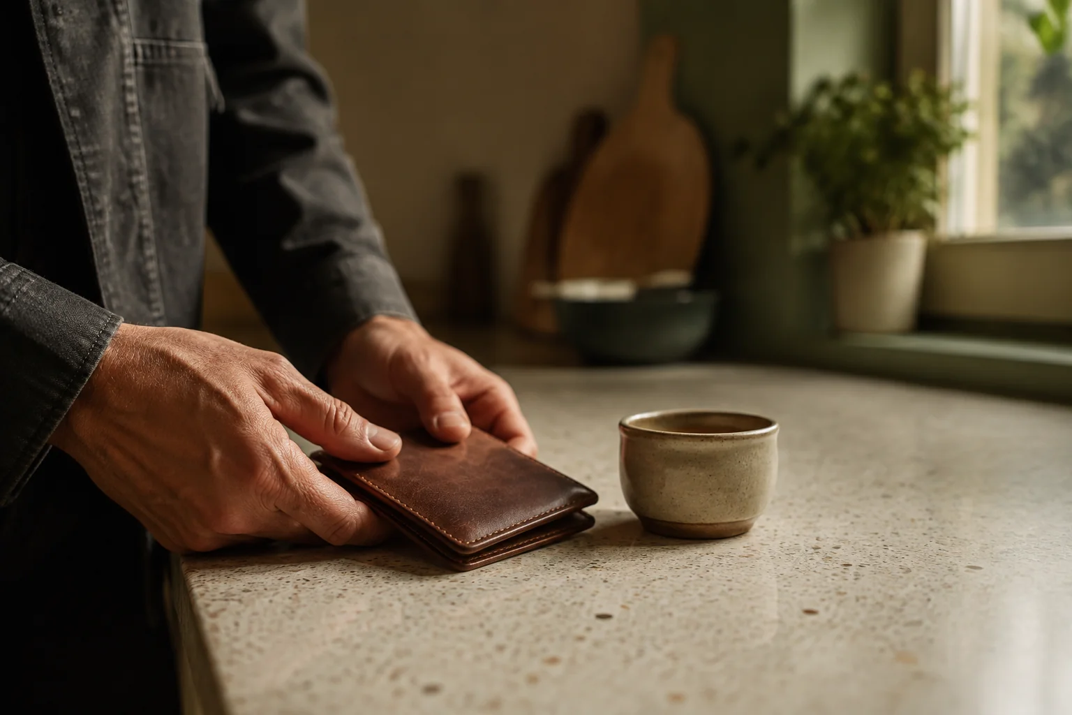 Hands placing a closed leather wallet beside a ceramic cup on a kitchen counter