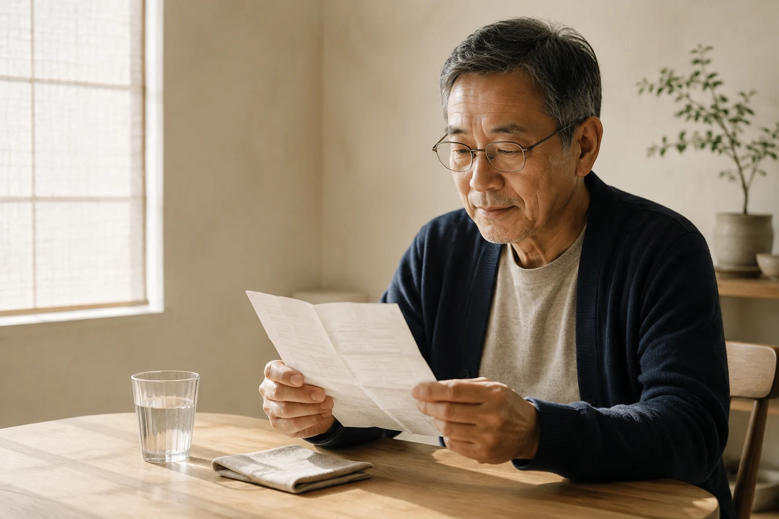 A mature man reading a medicine information leaflet at his kitchen table