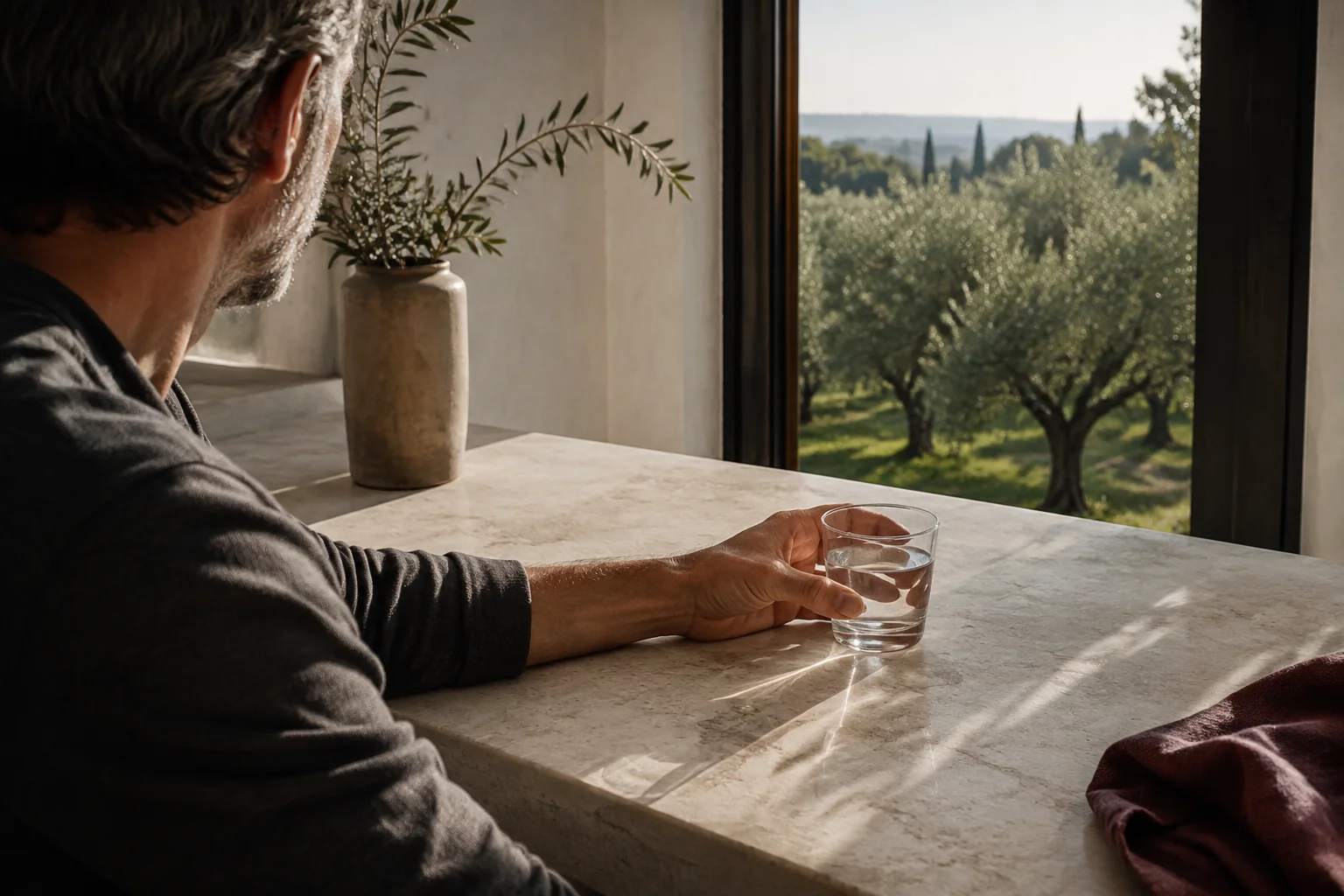 A man holding a glass of water beside a sunlit window