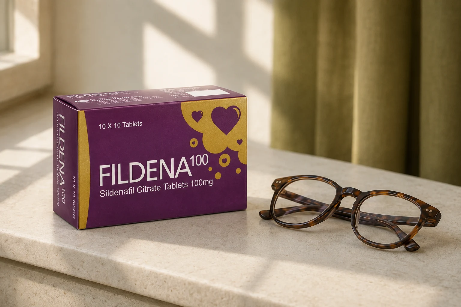 Fildena 100 carton beside folded reading glasses on a sunlit limestone ledge