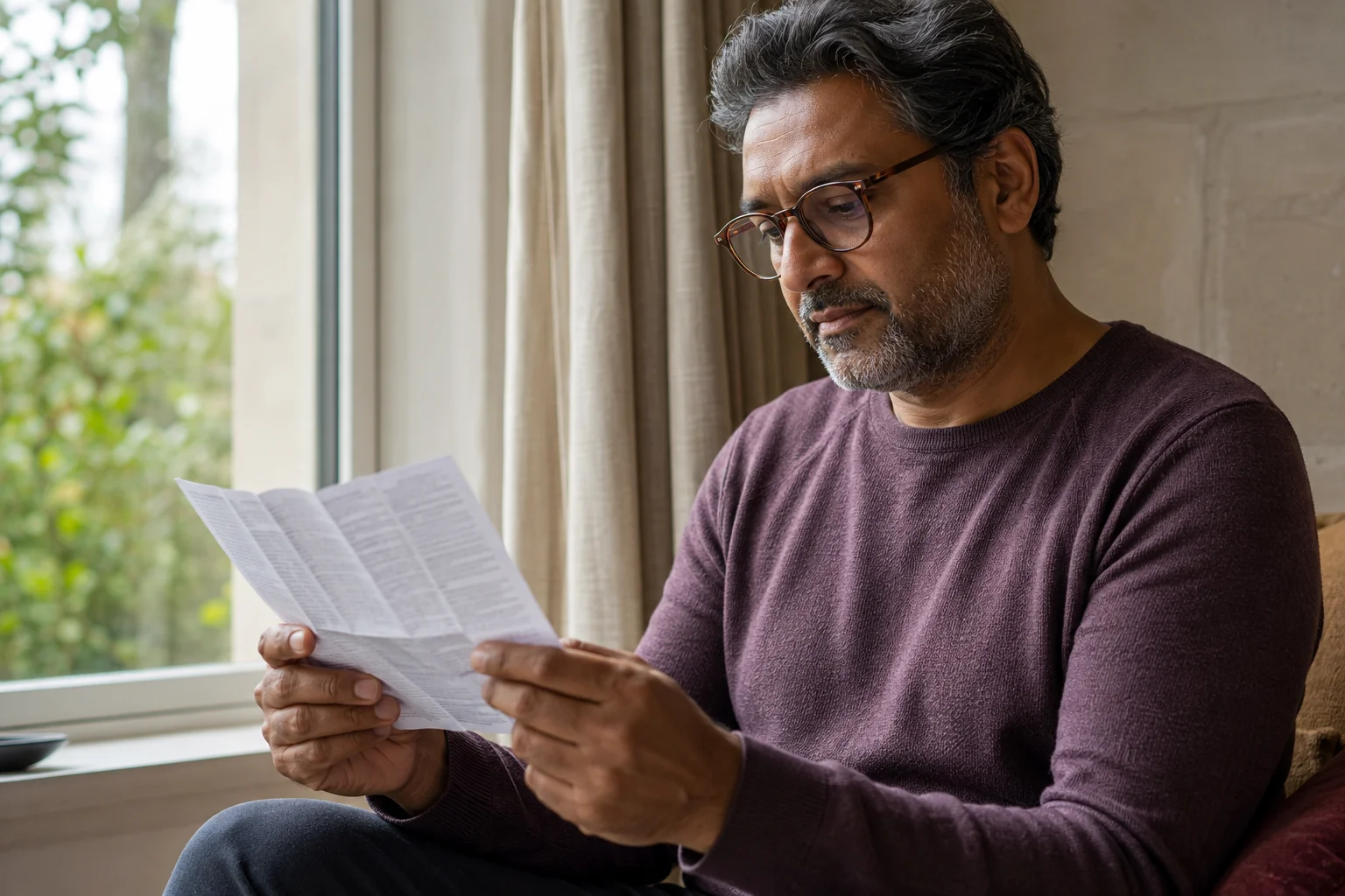 Man wearing reading glasses studying a folded leaflet beside a bright window