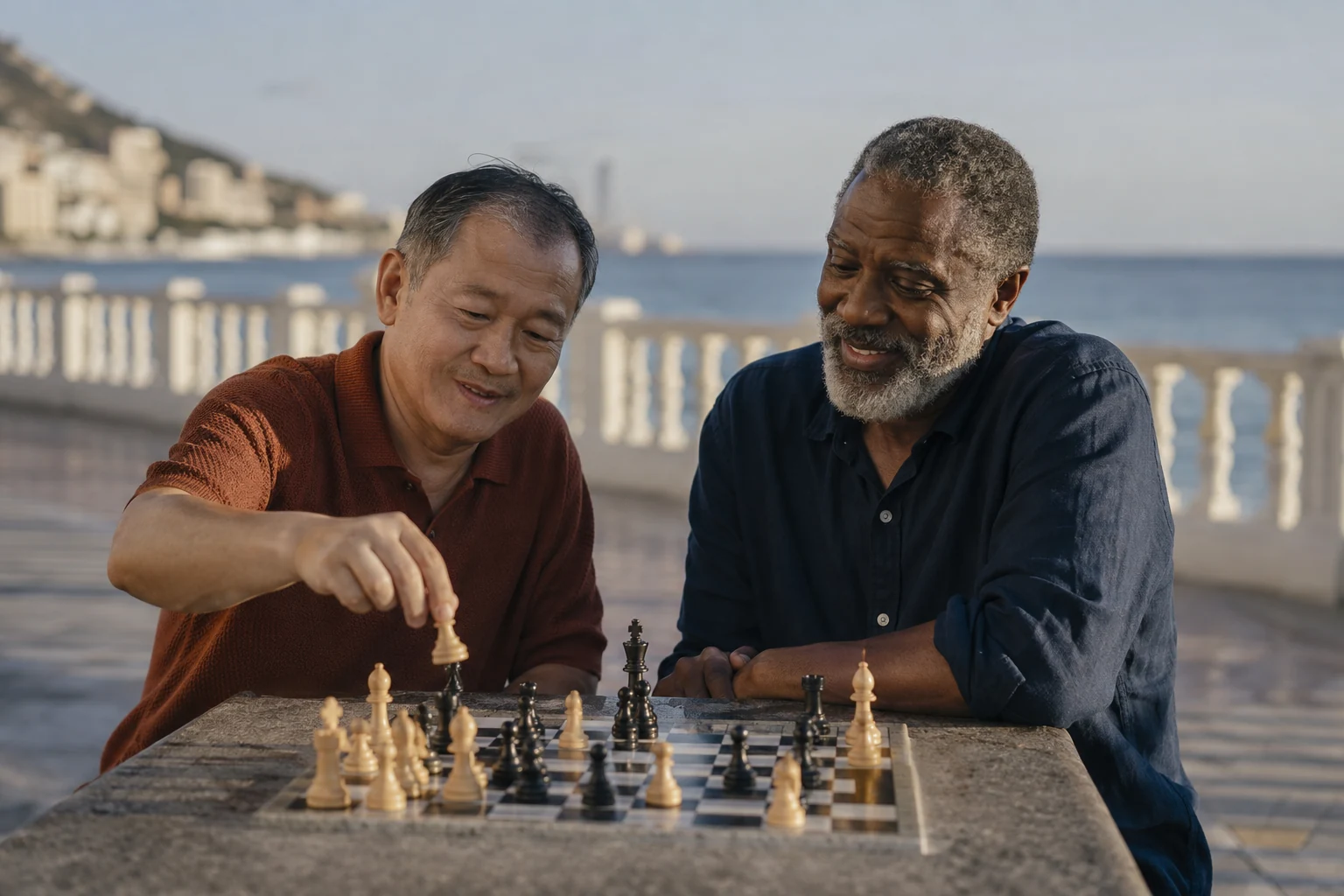 Two mature men enjoying a relaxed game of chess together beside the sea
