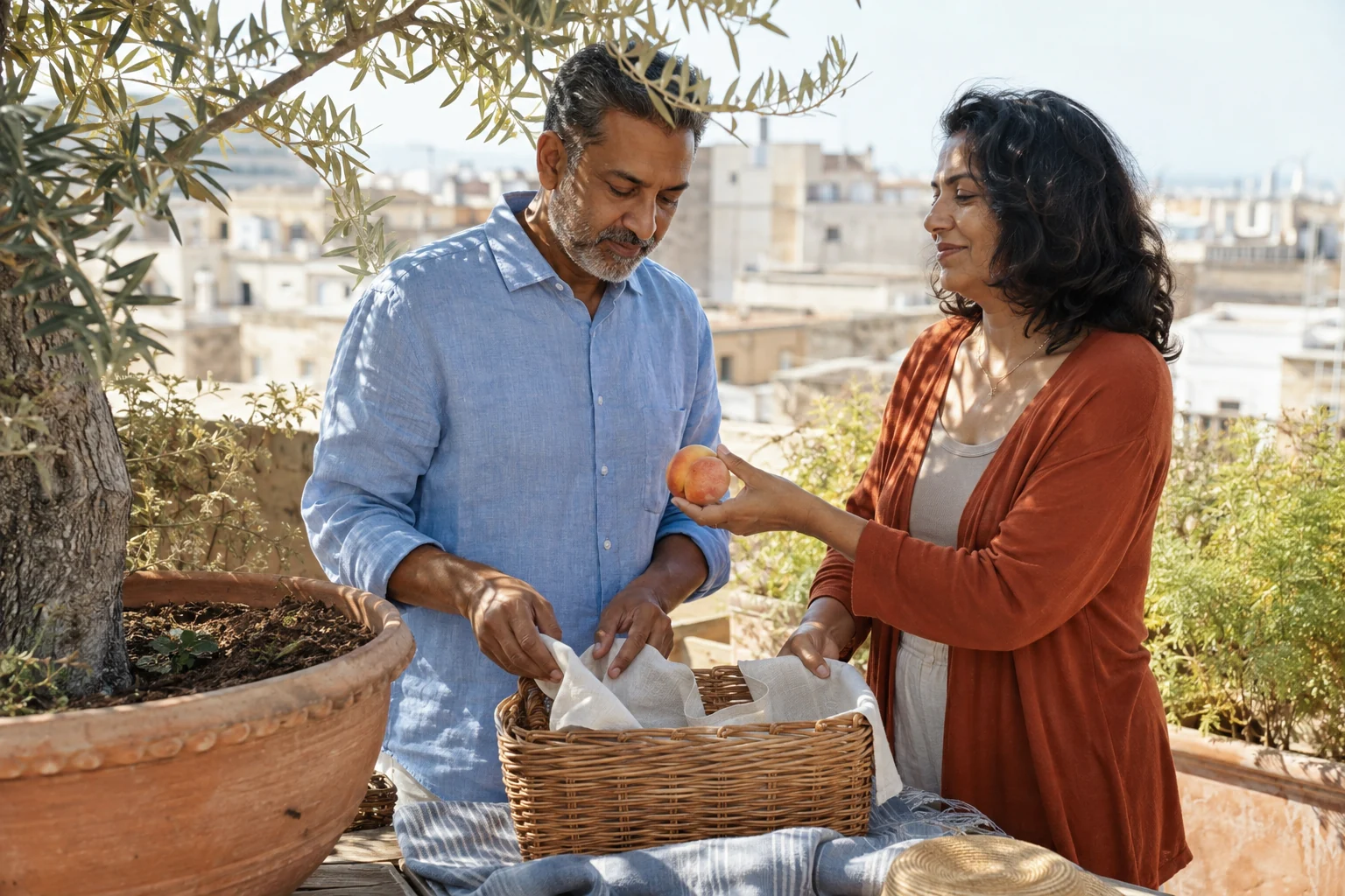 Adult couple preparing a picnic together in a sunlit rooftop garden