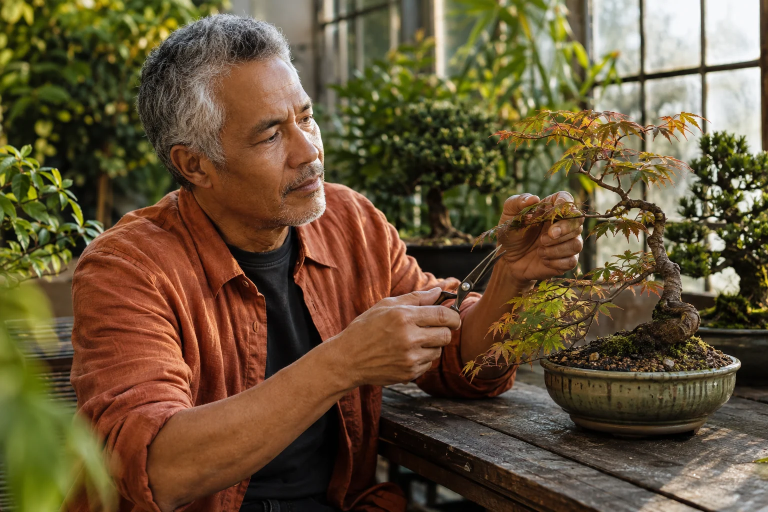 A man tending a Japanese maple bonsai in a sunlit conservatory