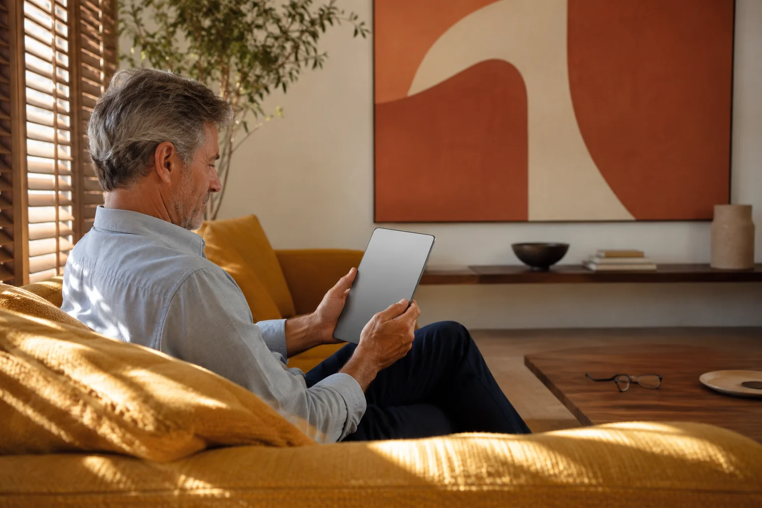 A man browsing on a tablet while seated on a mustard sofa