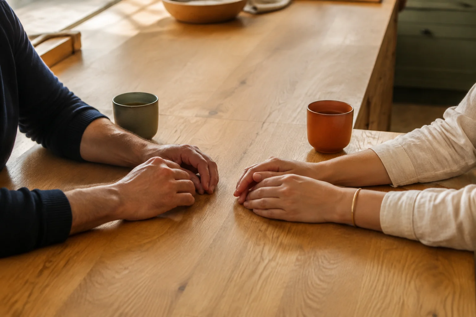 Two adults talking across an oak table with sage and terracotta cups