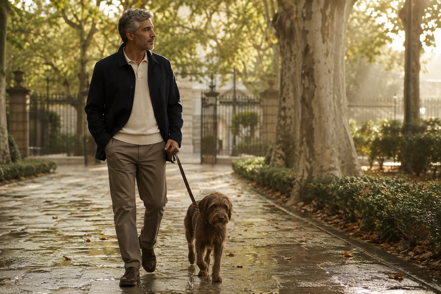 A silver-haired man walking his brown dog along a sunlit park path