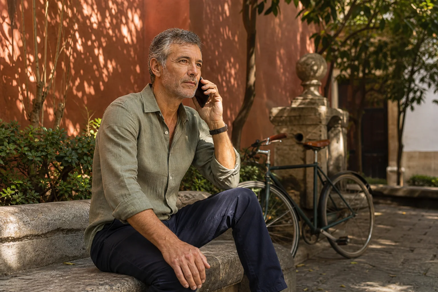 A man making a private phone call in a leafy courtyard