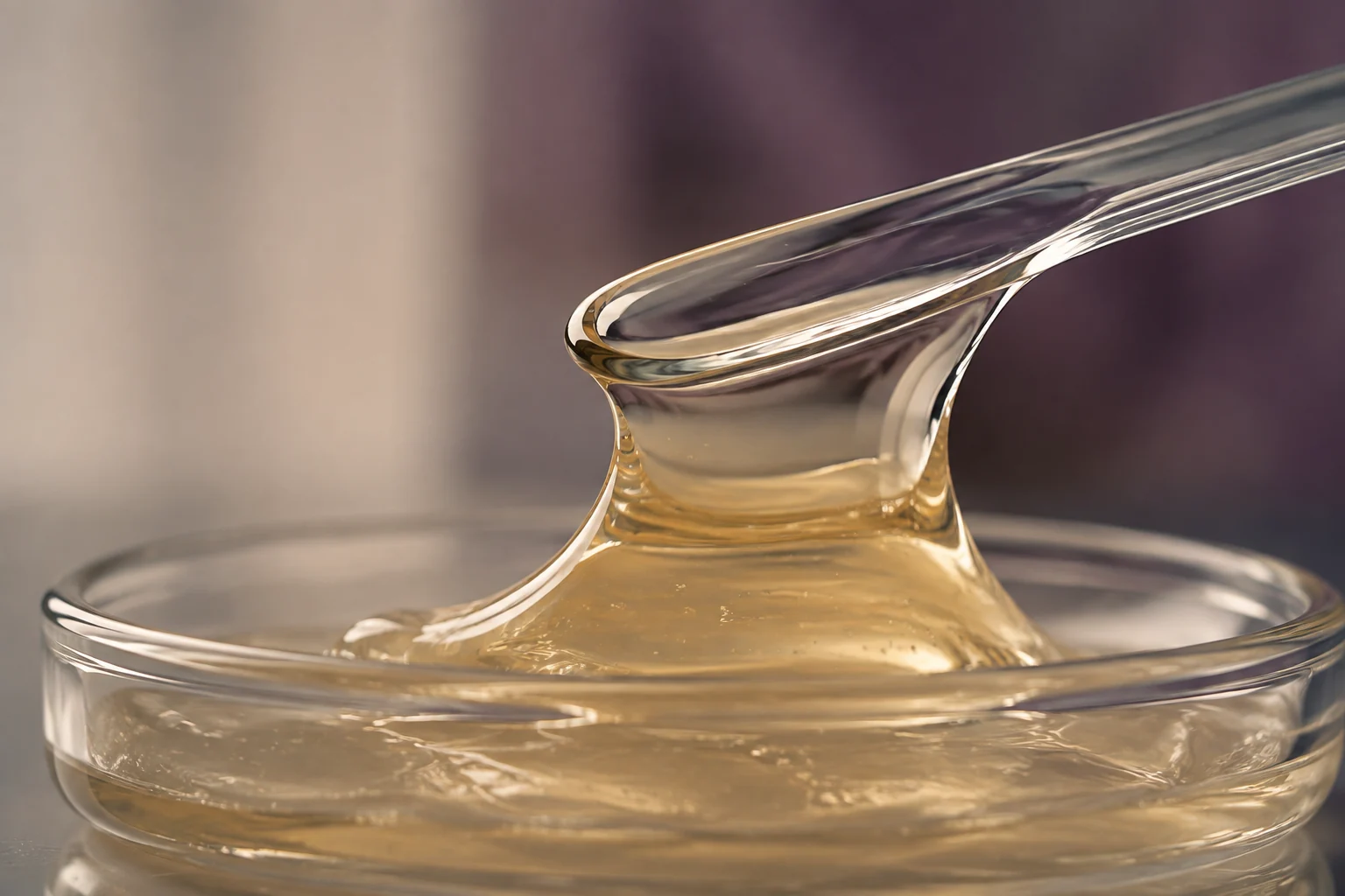 Pale gold gel texture on a glass spatula above a shallow glass dish