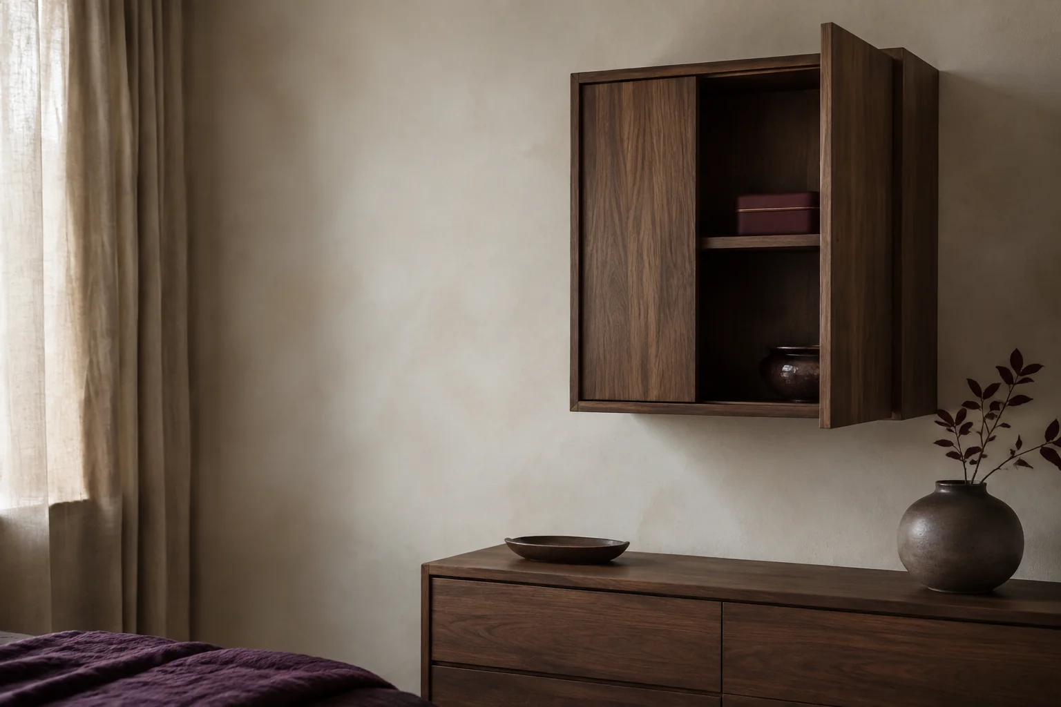 Walnut wall cabinet and closed storage case in a softly lit bedroom