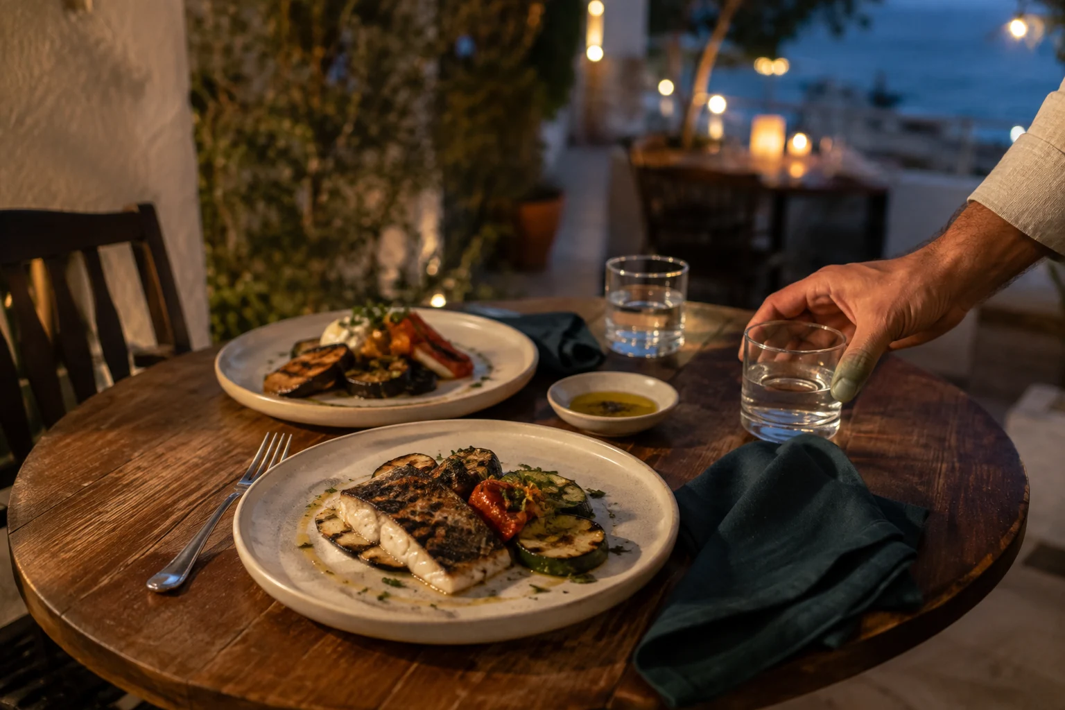 Dinner for two with water glasses and teal napkins on a softly lit restaurant terrace