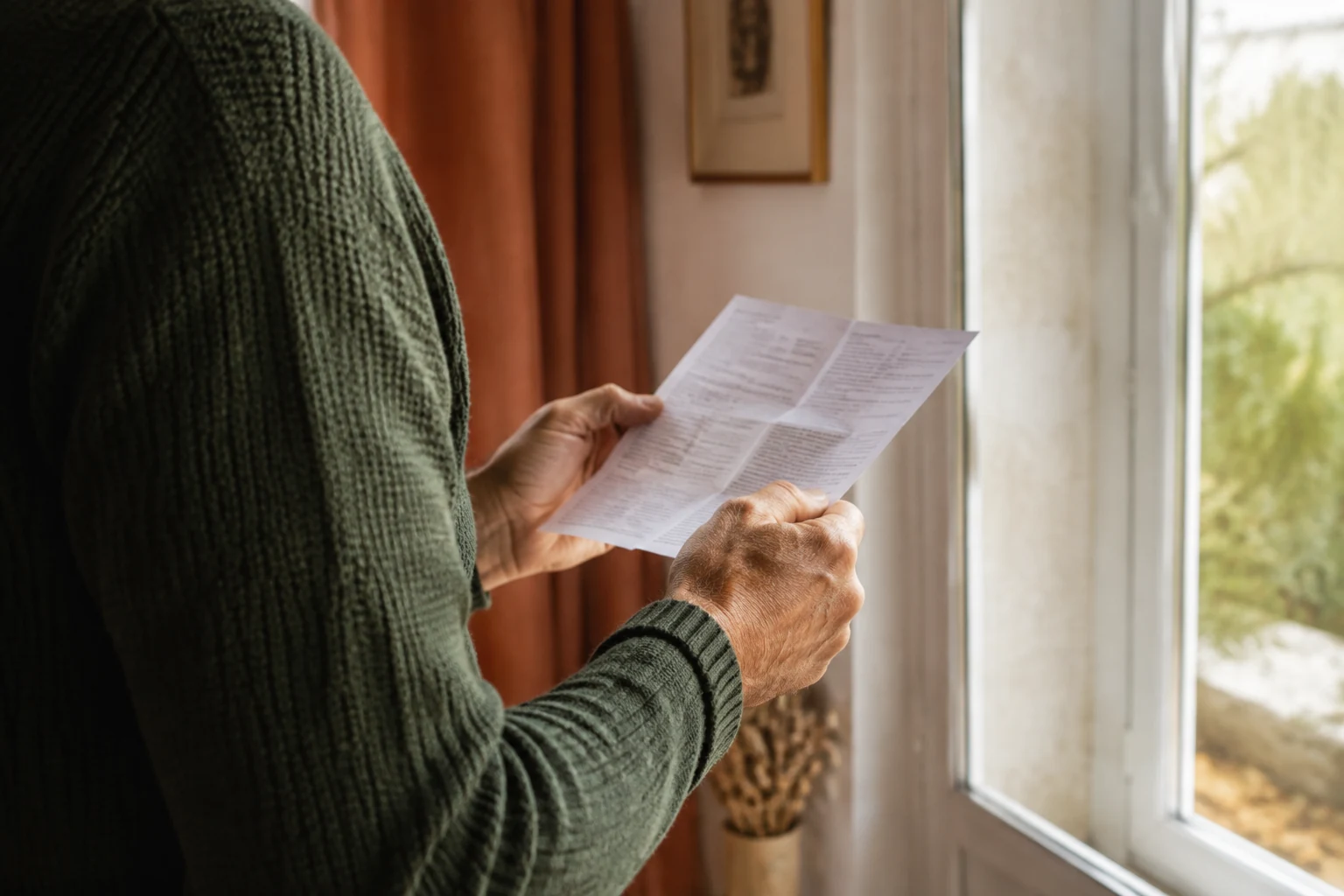 Man in a green sweater reading a medicine leaflet beside a sunlit window