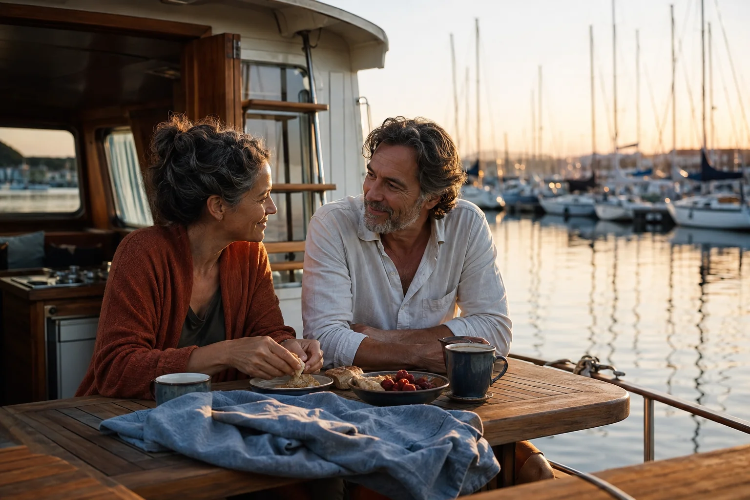 A mature couple sharing breakfast on the deck of a moored houseboat