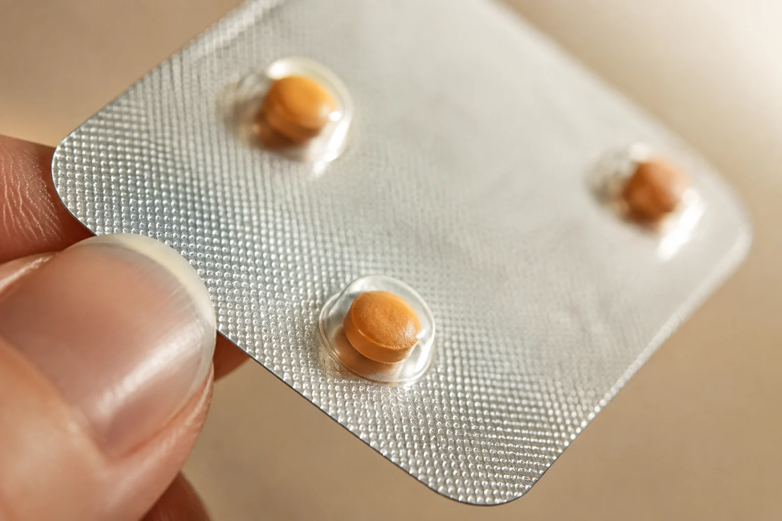 Close view of orange tablets in a silver blister held at its edge