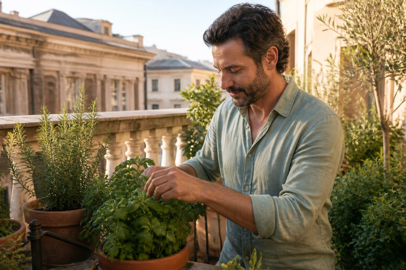 An adult man tending herbs in terracotta pots on a sunlit balcony