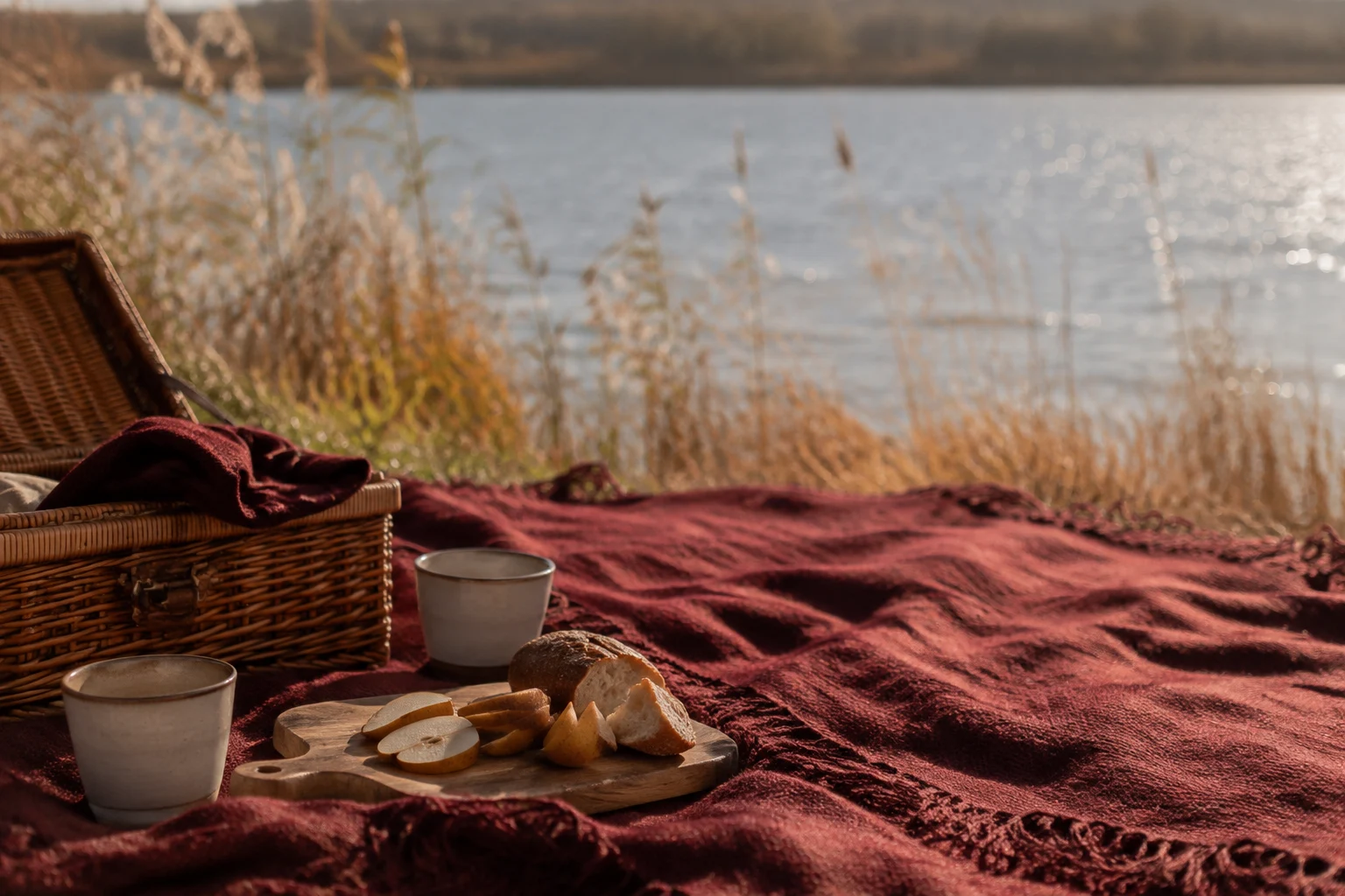 Burgundy picnic blanket, ceramic cups and a wicker basket beside a quiet lake
