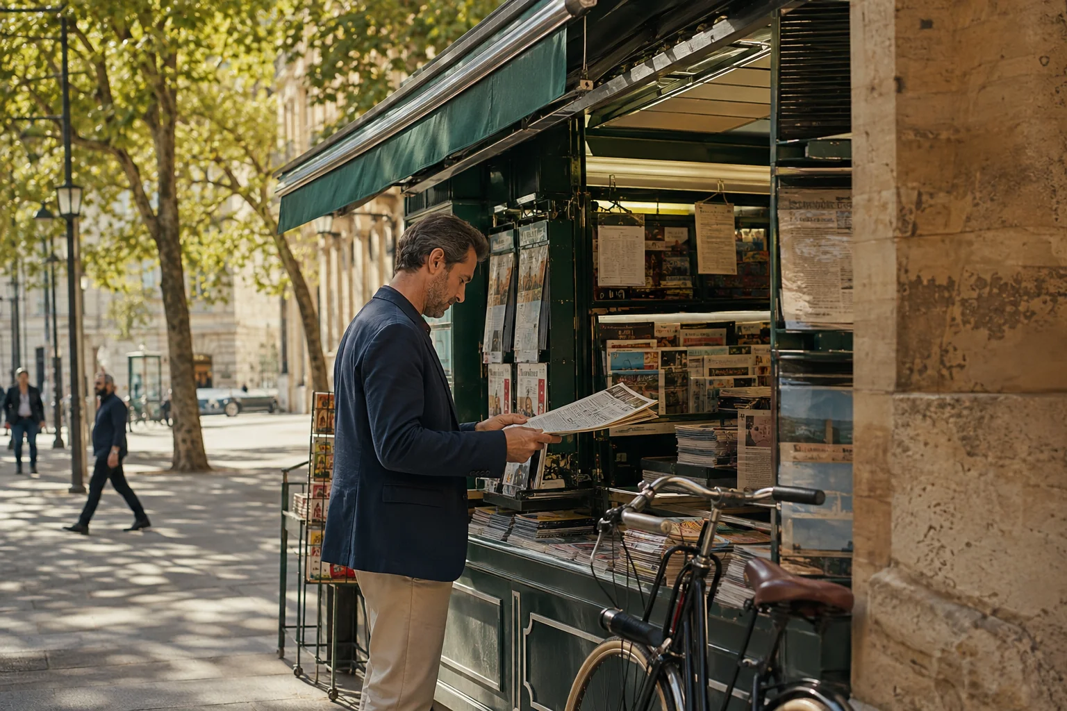 A man choosing a newspaper at a sunlit neighbourhood newsstand