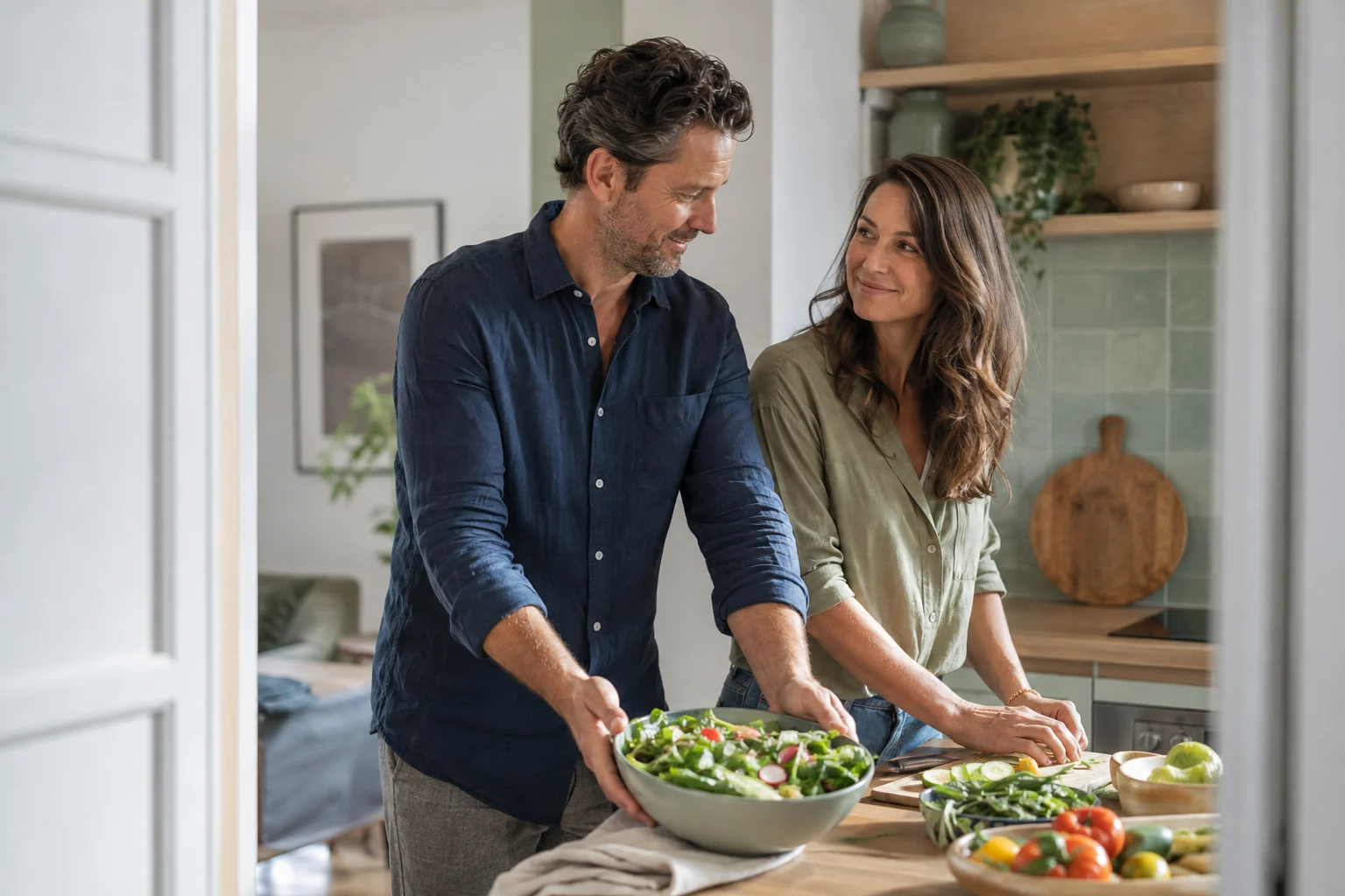 A mature couple sharing a quiet moment while preparing a meal in a sunlit kitchen