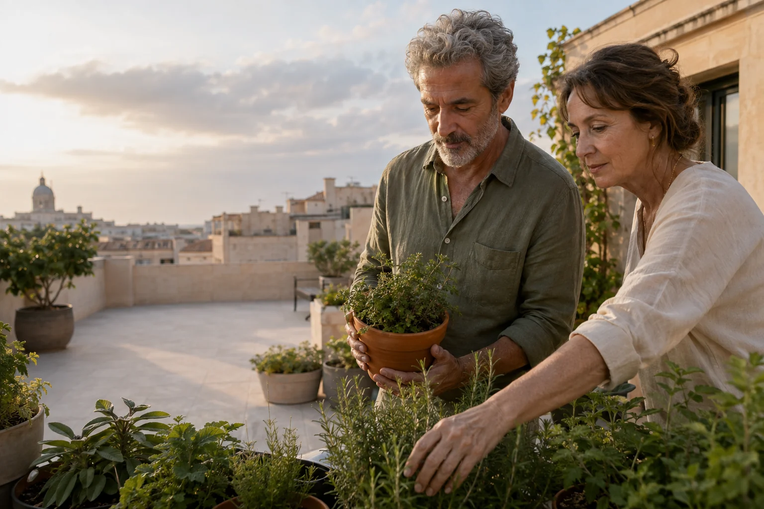 A mature couple tending herbs together on a sunlit rooftop terrace