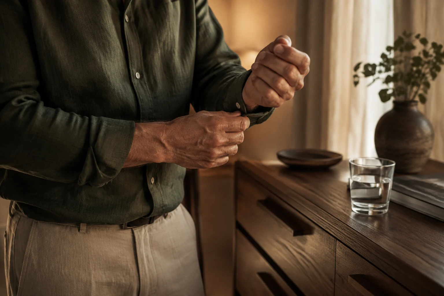 Man fastening an olive shirt cuff beside a walnut dresser and glass of water