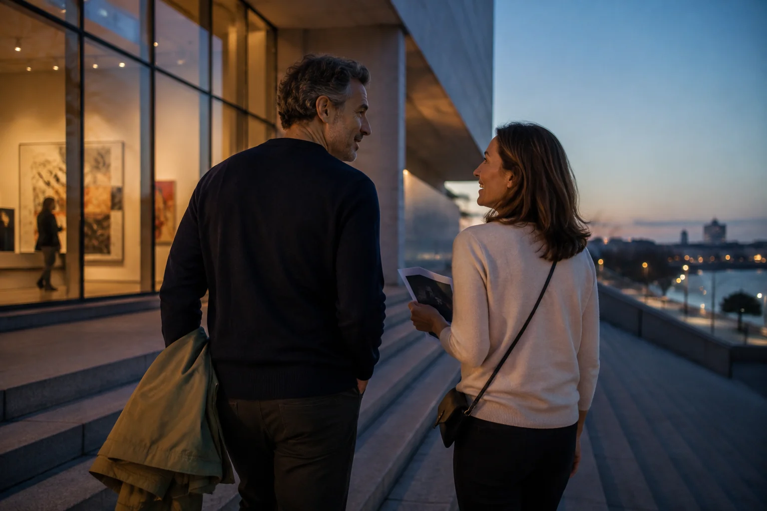 An adult couple talking outside an art museum at dusk
