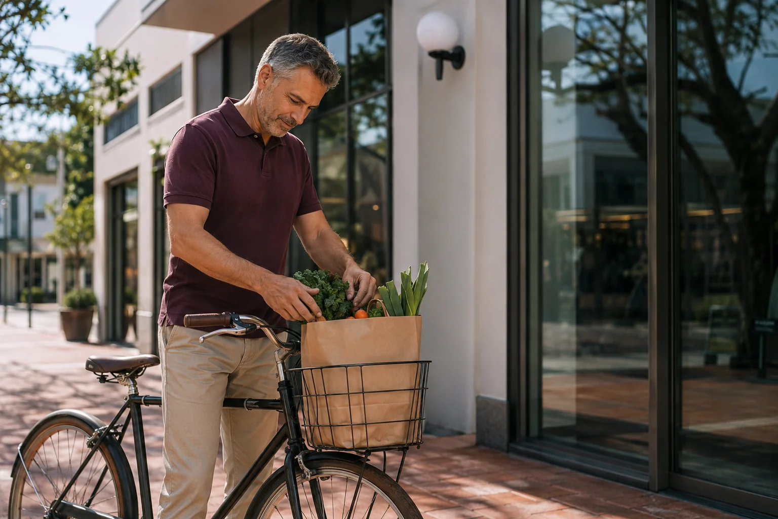 A man placing groceries into a bicycle basket outside a quiet shopping district