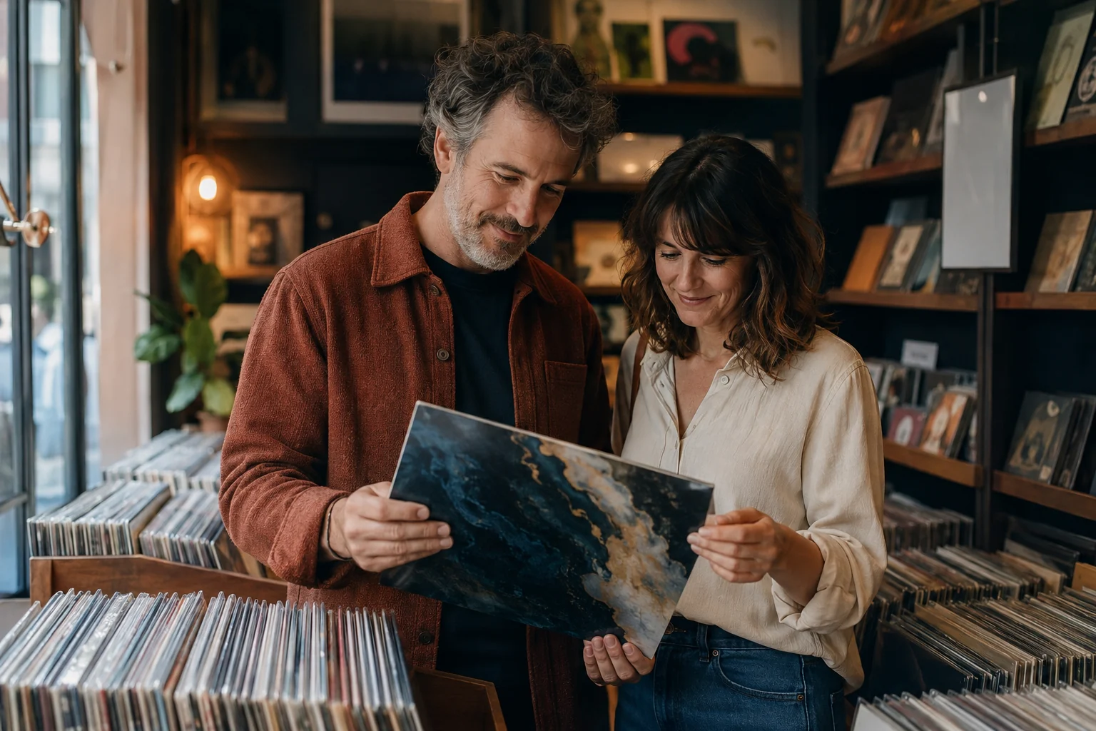 A mature couple enjoying a shared discovery while browsing a record shop