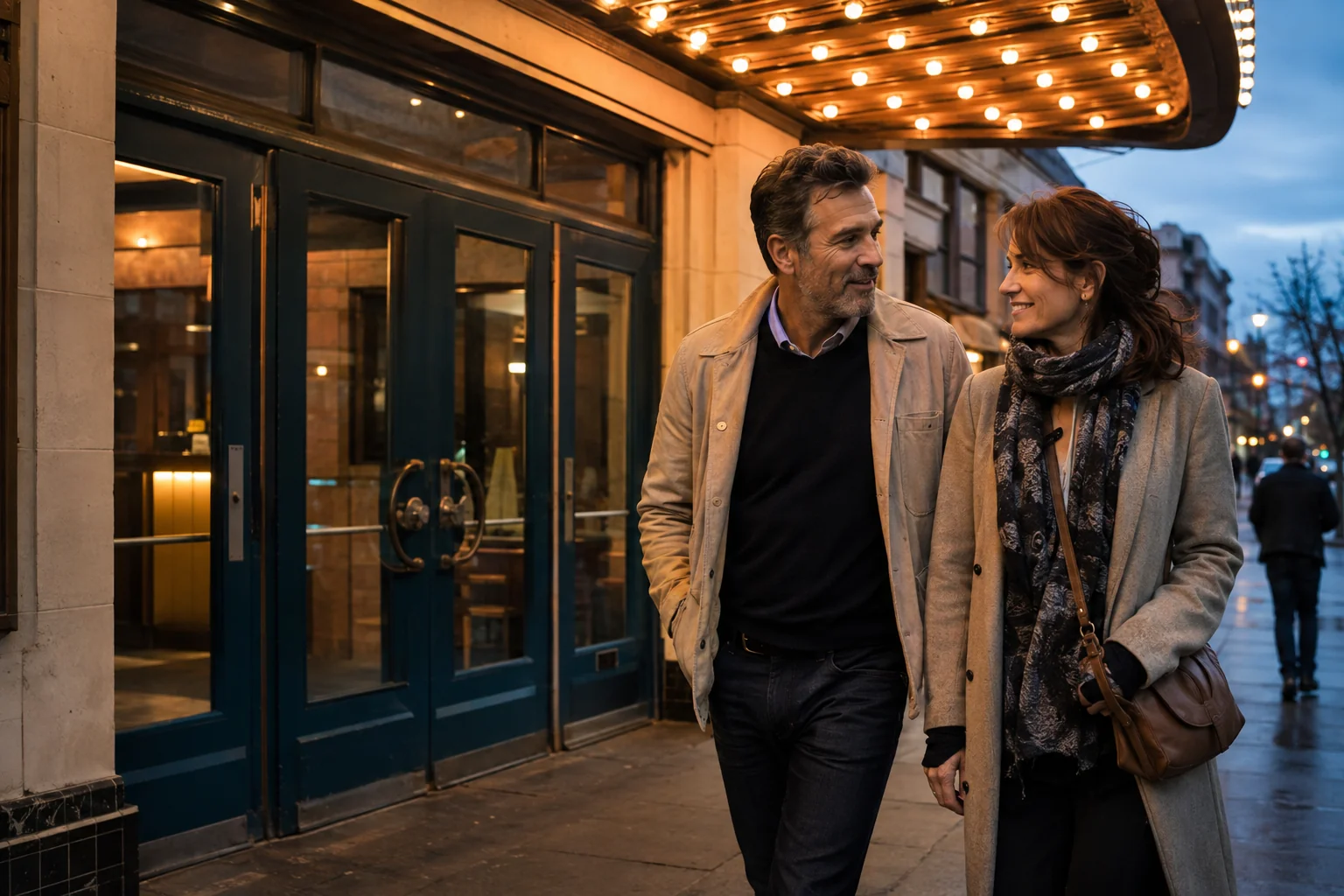 An adult couple arriving outside a warmly lit neighbourhood cinema