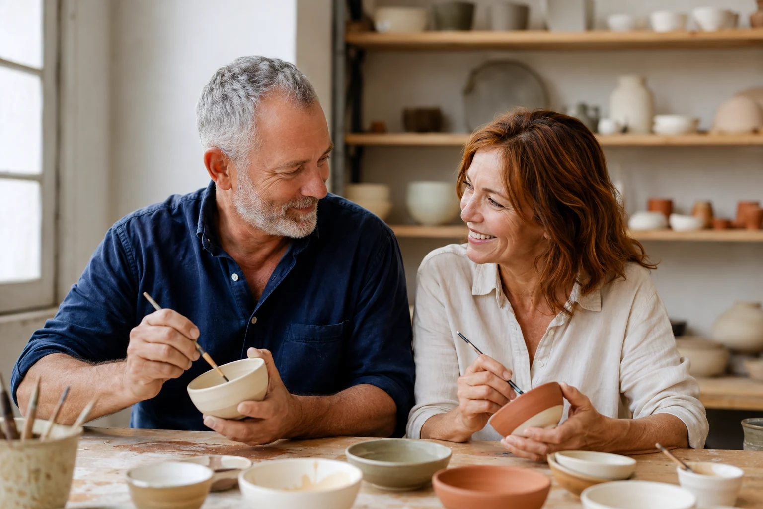 Mature couple painting ceramic bowls together in a bright pottery studio