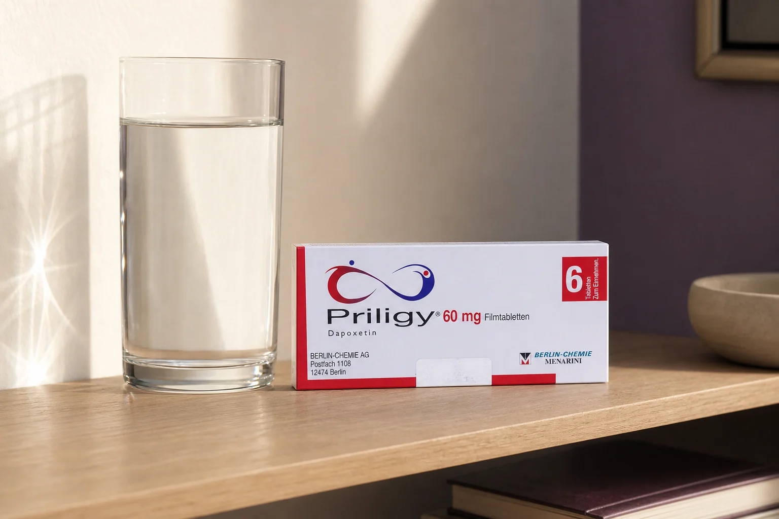 Priligy 60mg carton beside a glass of water on a wooden shelf