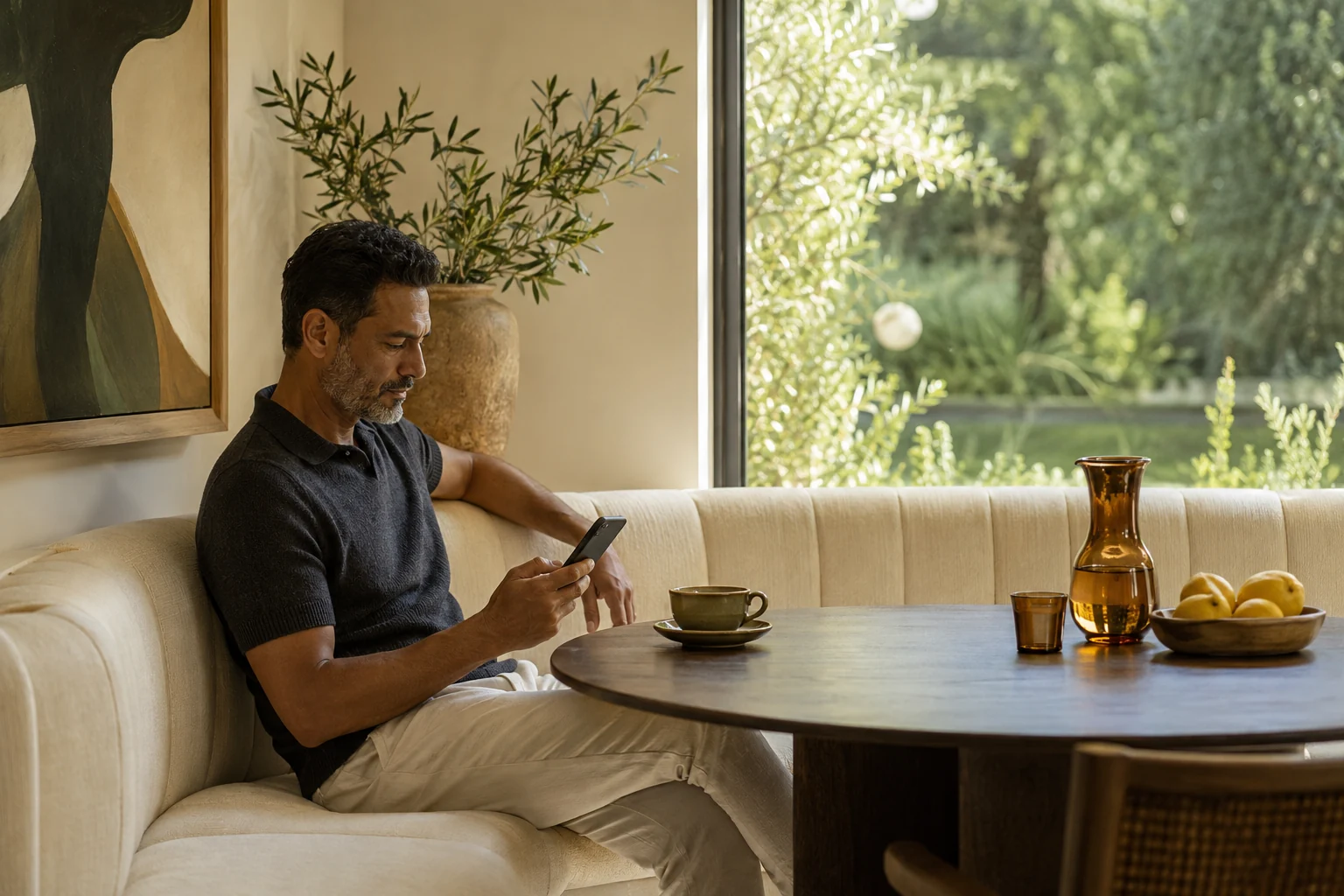 An adult man reads his phone at a breakfast table beside a garden window.