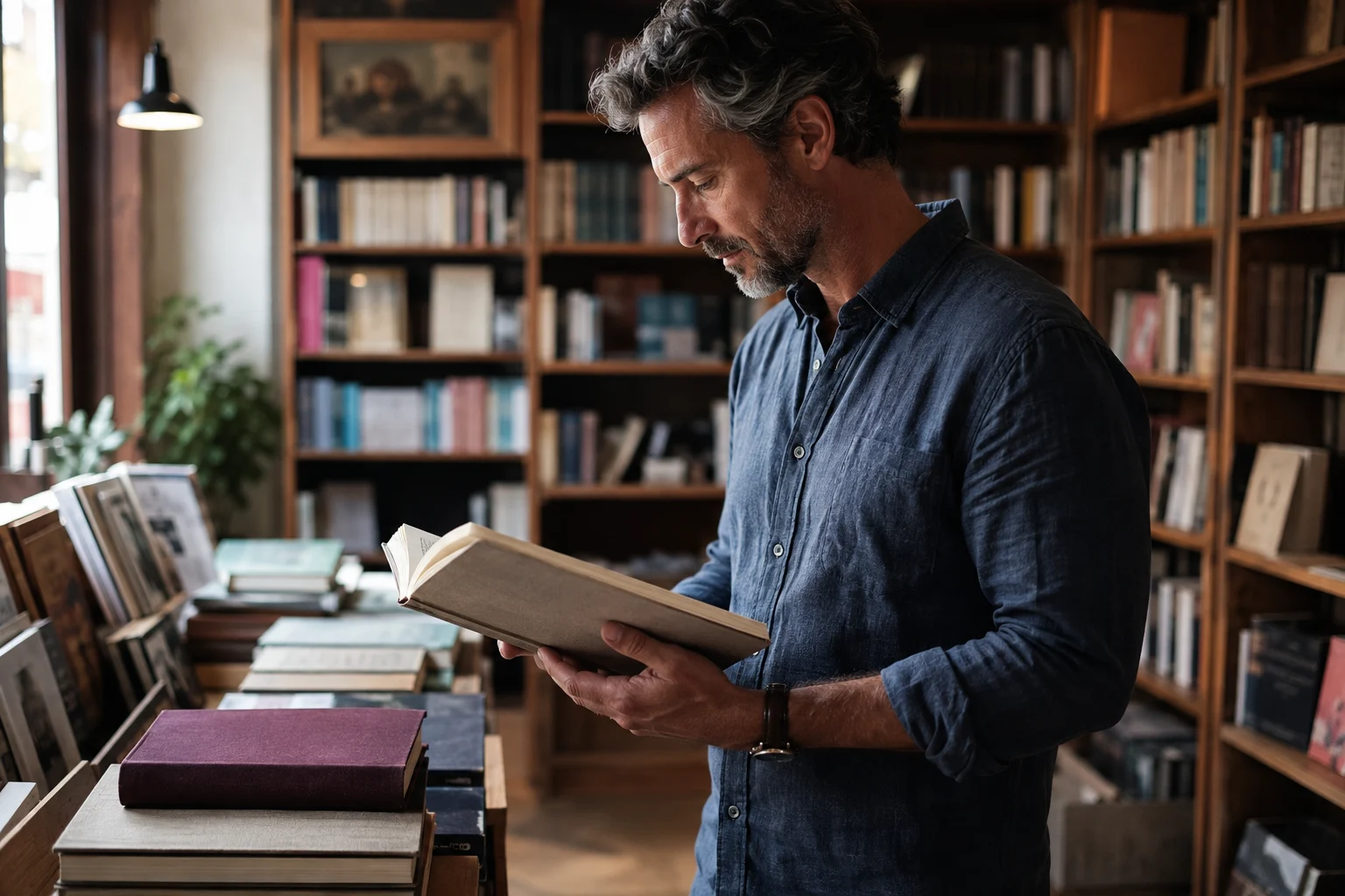An adult man reading a linen-bound book in a warmly lit independent bookshop