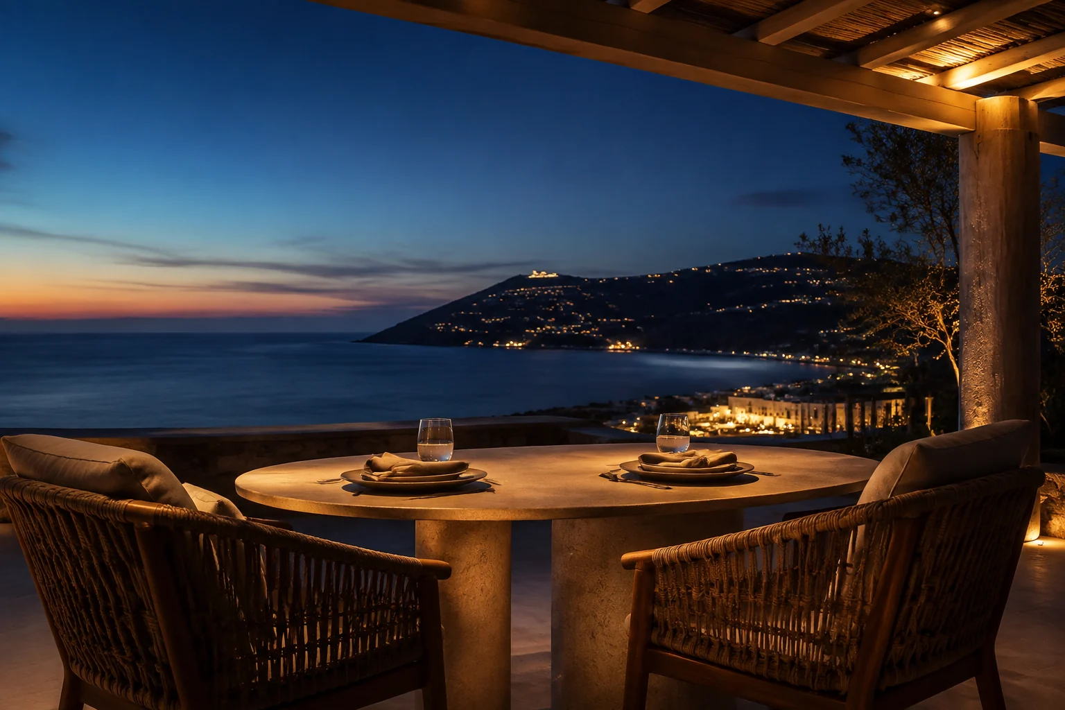A coastal terrace set for two overlooking the sea at blue hour