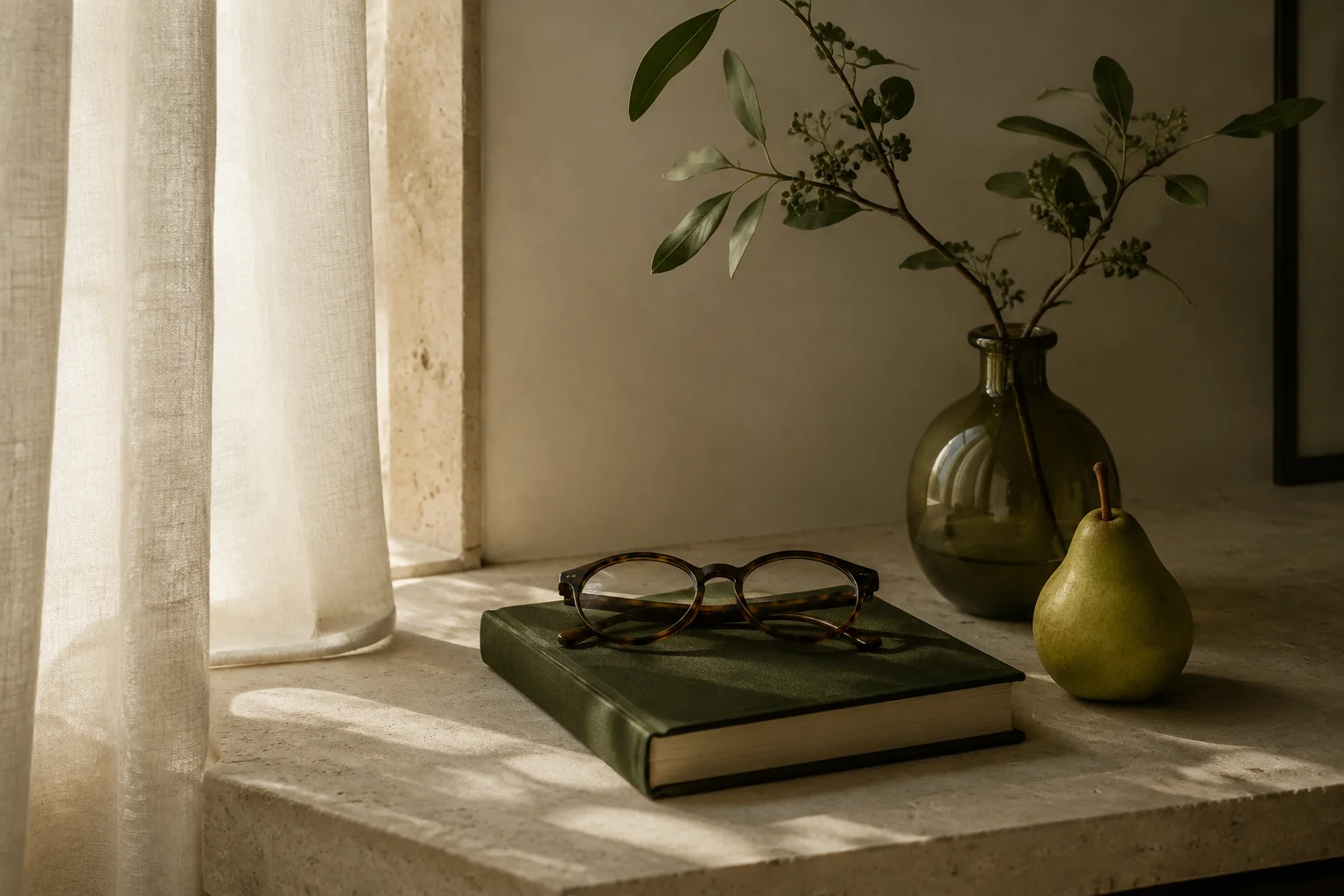 Reading glasses and a green linen-bound book on a softly lit stone windowsill