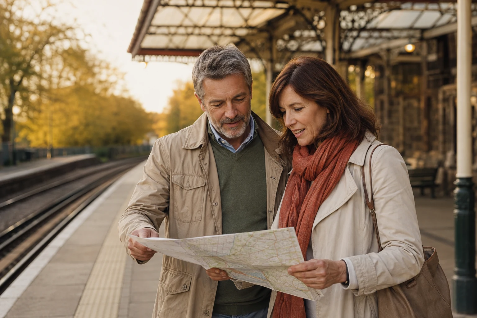 Mature couple looking at a folded city map on a quiet railway platform