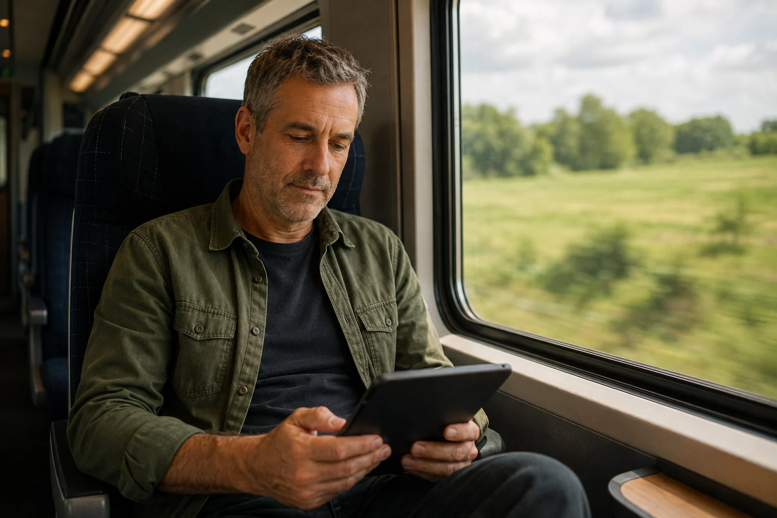 A man reading a digital tablet beside a train window