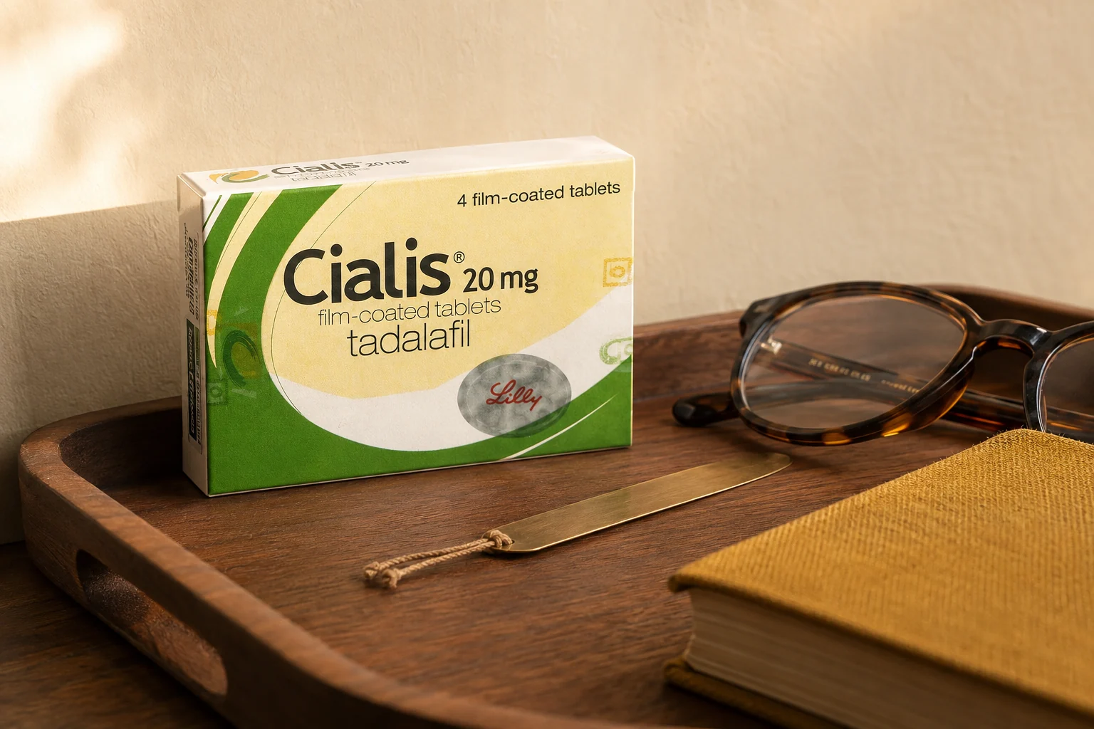 Cialis 20 mg carton beside reading glasses in a walnut tray