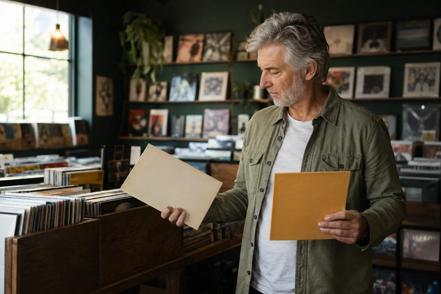 A mature man considers two plain record sleeves in a sunlit independent record shop.