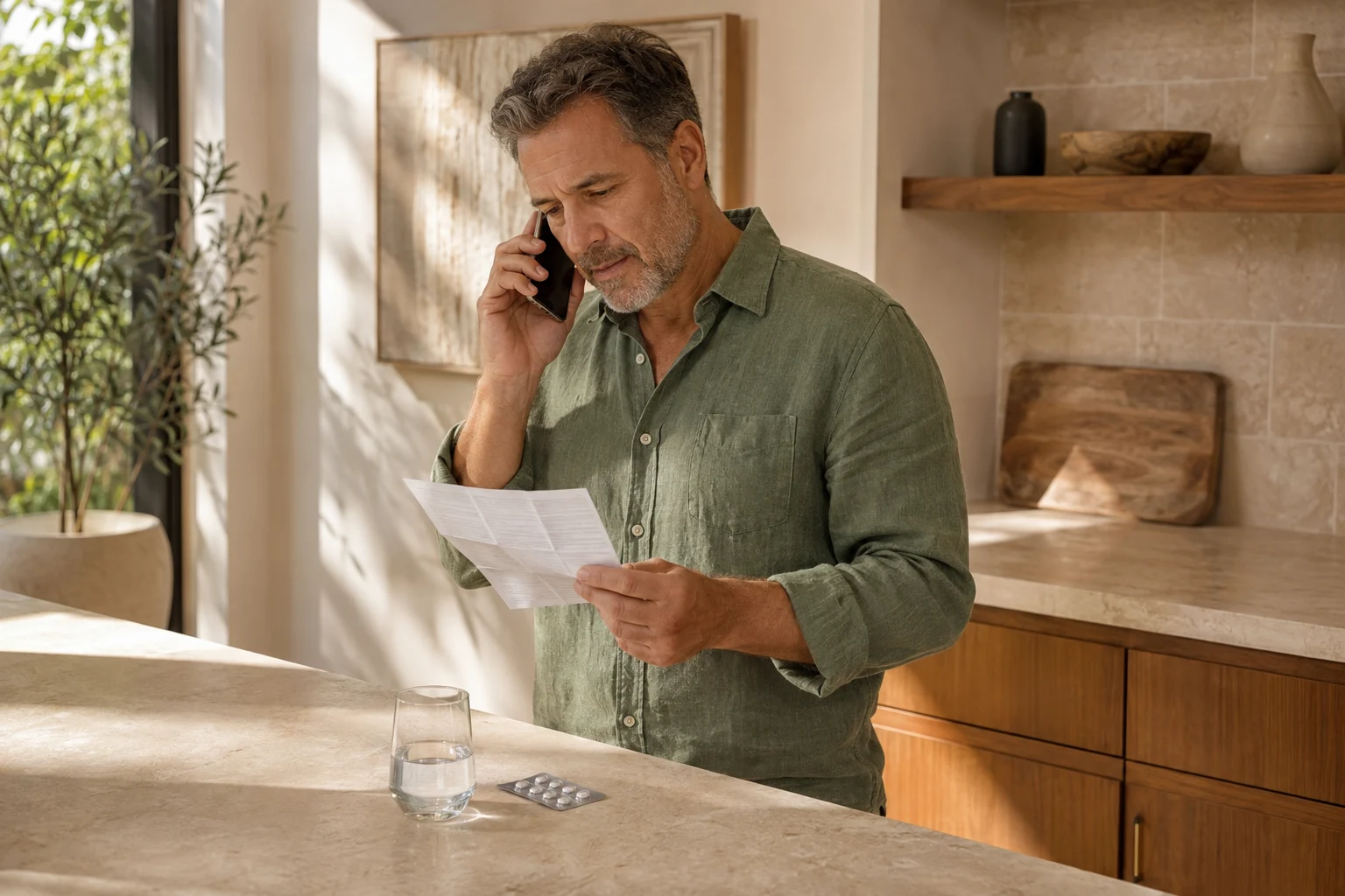 A man speaking on the phone while reading a medicine leaflet at a sunlit kitchen island