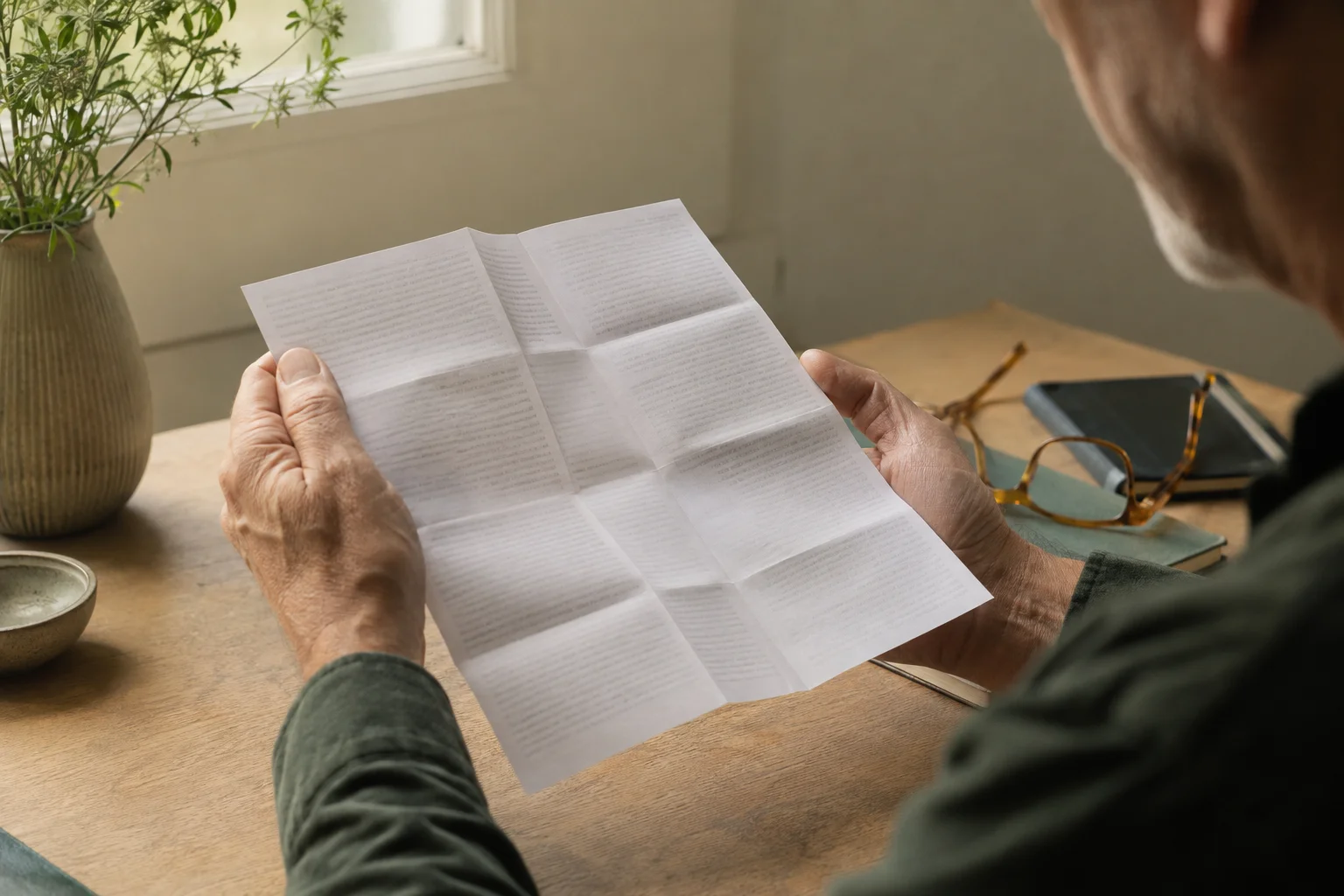 Adult man unfolding a patient information leaflet beside reading glasses in natural window light