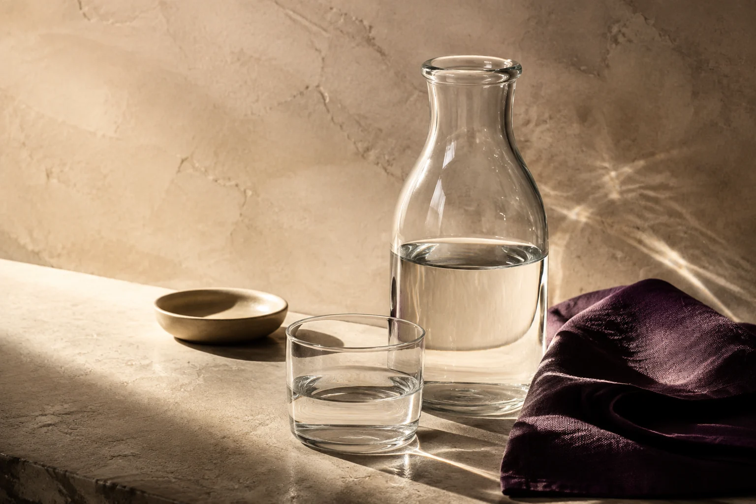 Water carafe and glass on warm stone beside a folded plum napkin